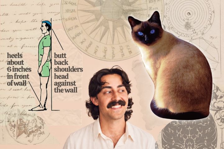 Mory Naimi explaining his experience with posture and chronic pain looking at a cat with slouched back